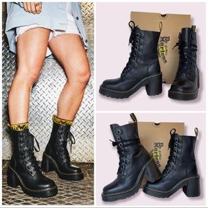 DR. MARTENS CHESNEY Leather Flared Heel Lace Up Boots Black 26701001 Size 7